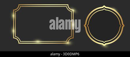 Zwei elegante goldene Rahmen, rechteckig und kreisförmig, mit leuchtenden Kanten vor dunklem Hintergrund. Dieses luxuriöse Design vermittelt Raffinesse und ist ideal Stock Vektor