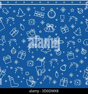 Nahtloses Weihnachtsmuster mit festlichen Ikonen auf blauem Hintergrund, perfekt für Weihnachtsdesigns Vektor Stock Vektor