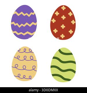 Vier einzigartig dekorierte Ostereier mit hellen Farben und Mustern. Jedes Ei hat verschiedene Designs, perfekt zum Feiern des Frühlings und des E Stock Vektor
