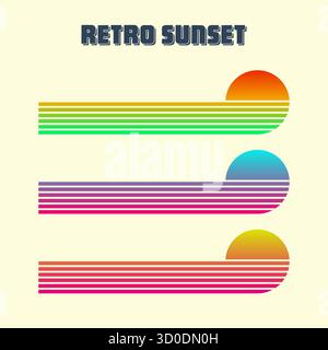 Farbenfroher Sonnenuntergang im Vintage-Stil. Verschiedene gestreifte Sonnenaufgangsabzeichen im Stil der 80er und 90er Jahre. Blick auf Sonne und Meer, Sommerstimmung, Surfen. Designelement für Stock Vektor