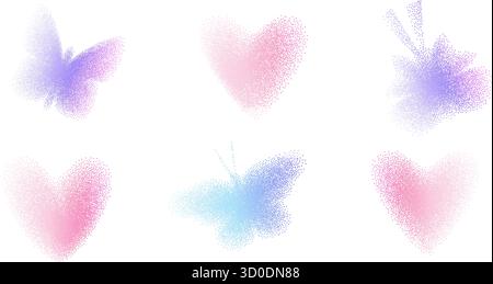 Symbolsatz für Rauschen mit y2k-Formen. Farbverlauf in lila Tönen, Schmetterling und Herz. Rosa- und Blautöne, Insekten isoliert. Vektorspray Butterflie Stock Vektor