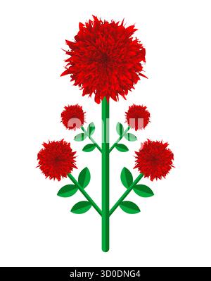 Rote Blume mit grünem Stiel und Blättern auf weißem Hintergrund perfekt für Blumendesign Hochzeitseinladungen oder Grußkarten Stock Vektor