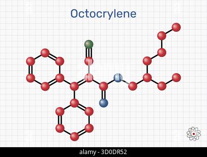 Octocrylen-Molekül. UVB/kurz-UVA-Sonnenschutzfilter; Photostabilitätsverstärker für Avobenzon. Blatt Papier in einem Käfig. Molekulares Modell. Vektorillustr Stock Vektor
