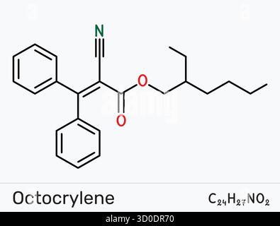 Octocrylen-Molekül. UVB/kurz-UVA-Sonnenschutzfilter; Photostabilitätsverstärker für Avobenzon. Vektorabbildung Stock Vektor
