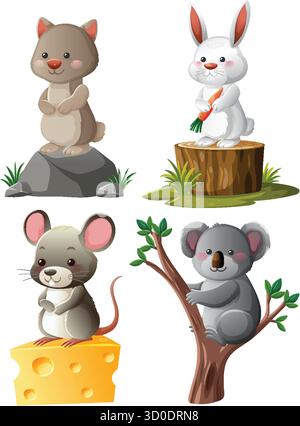 Vier entzückende Zeichentricktiere im hellen Vektorstil, jedes mit einzigartigen Posen und natürlichen Elementen Stock Vektor