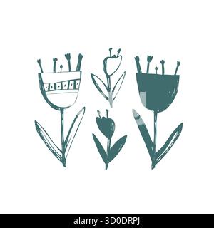 Handgezeichnete skandinavische Blumen mit einfachen Stielen und Blüten im rustikalen minimalen Stil für Wohnkultur und Verpackungsdesign Stock Vektor