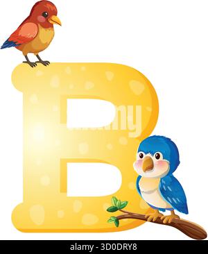 Zeichentrickvögel auf und neben einem hellgelben Buchstaben B, weißem Hintergrund, Vektorstil Stock Vektor