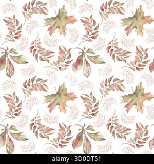 Herbarium neutral Herbst nahtloses Muster isoliert. Nahtloses Aquarellmuster, getrocknetes Laub und Zweige sorgen für gedämpfte warme Töne. Handgemalte Herbstblätter Stockfoto