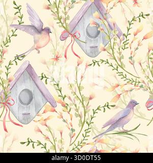 Pastellfarbenes Aquarellmuster mit Wiesenblumen und Schwalben isoliert. Vogelmotiv und Vogelhäuschen für Mädchenmotive im Sommer. Winzig Stockfoto