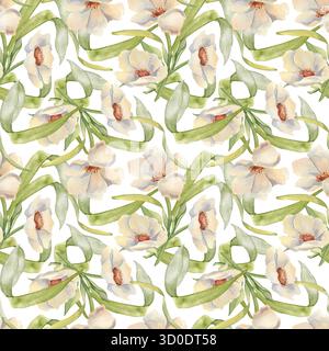 Nahtloses Blumenmuster aus cremigen Anemonen und üppigen grünen Aquarellen, handgezeichnet. Eleganter Hintergrund mit weißen Blumen und Blättern Stockfoto