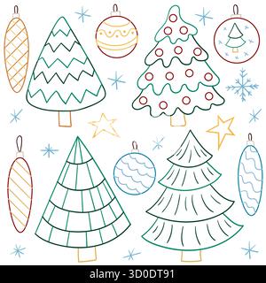 Weihnachtsbaum, Weihnachtsbaumschmuck. Satz handgezeichneter Illustrationen. Handgezeichneter, farbiger Umriss. Design zum Ausmalen von Seiten, Postkarten. Abzeichen Stock Vektor