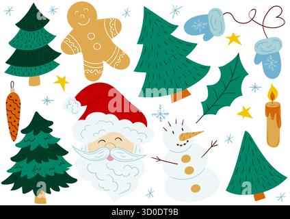 Weihnachtsbaum, Schneemann, Lebkuchen. Satz flacher Illustrationen. Design für Postkarten, Flyer, Banner und Innendekoration. Abzeichen, Schilderaufkleber Stock Vektor