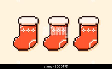 Roter Weihnachtsstrumpf mit Pixelart und weißem Muster. Stock Vektor