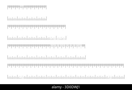 Diagramme 10, 15, 20, 30 Zentimeter, 4, 6, 8, 12 Zoll. Symbolgruppe „Skalierung“. Messwerkzeuge. Maßstab für Lineal in Zentimetern, Zoll. Zoll, metrische Lineale Stock Vektor