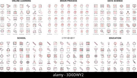 Umfassende Sammlung moderner Liniensymbole für Online-Lernen, Gehirnprozesse, Datenwissenschaft, Schule, Schreibwaren, und Bildungsthemen isoliert auf weißem Hintergrund Vektorillustration Stock Vektor