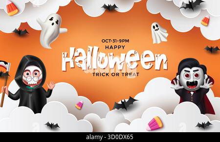 Festliche Halloween-Illustration mit niedlichen Vampir-, Sensenmann-, Fledermaus-, Süßigkeiten- und Geisterdekorationen Stock Vektor