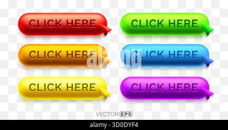 Lebendige 3D-Click-here-Schaltflächen mit Mauszeigern. Ein Satz farbenfroher interaktiver Webelemente für modernes Website- und Anwendungsdesign. Vektorabbildung Stock Vektor