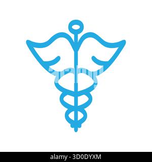 Umreißen Sie das blaue Caduceus-Symbol mit Flügeln und verschränkten Schlangen für Medizin oder Business-Logo. Stock Vektor