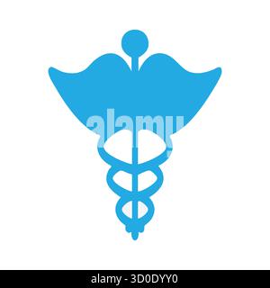 Blaues Caduceus-Symbol mit Stab, Flügeln und ineinander verflochtenen Schlangen für Medizin oder Handel. Stock Vektor