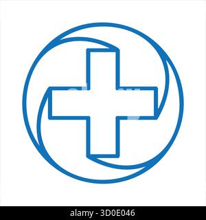 Blaues medizinisches Kreuz-Symbol in einem kreisförmigen Swirl-Logo für Gesundheitswesen und erste Hilfe. Stock Vektor