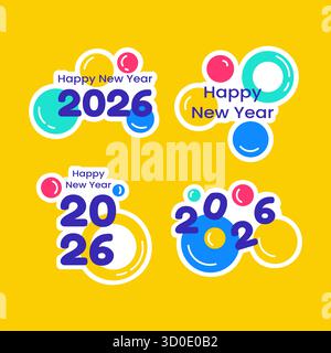 Happy New Year 2026 Label Flat Cartoon Hand Gezeichnete Vorlagen Hintergrund Illustration Stock Vektor