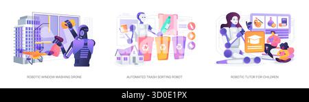 Abstrakte Vektorabbildungen zu Reinigungsmethoden, Recycling und Roboterlehrern. Stock Vektor