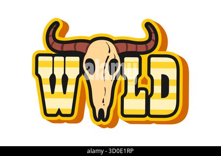 Wild West und Western Y2K grooviger Aufkleber. Texas Geschichte Y2K Vektor Tag, Western Country Kultur groovy Etikett. Wild West Ranch und Rodeo Aufkleber oder Patch mit Longhorn Bullen Schädel und goldener Typografie Stock Vektor
