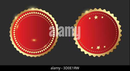 Zwei verzierte rote runde Abzeichen mit goldenen Wellenkanten und dekorativen Mustern auf dunklem Hintergrund. Das linke Emblem ist mit einem Diamantrand versehen Stock Vektor