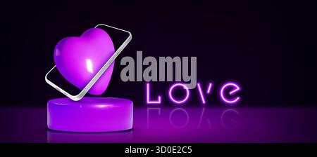 Rundes Podium mit Smartphone und Herzzeichen auf schwarzem Hintergrund. Vektor-realistische Illustration der lila Bühne mit Liebessymbol und 3D Handy Mockup, Social Media wie, Dating App Präsentation Stock Vektor