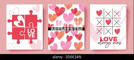Valentinstag-Poster-Paket mit romantischen Herzmustern und Love Typografie Stock Vektor