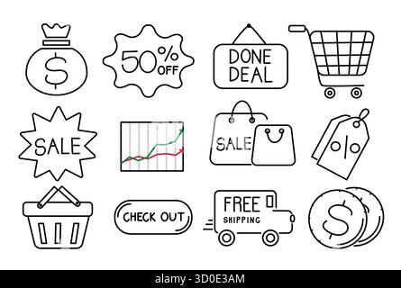 Editierbare Line Art Shopping und Sale Vektor-Symbole für Business Advertising und Online Store Design Stock Vektor