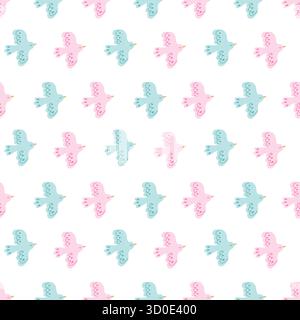 Niedliches nahtloses Muster in Pastellfarben, Hintergrund des fliegenden Vogels Kawaii, minimales Design in Rosa und Blau Stock Vektor