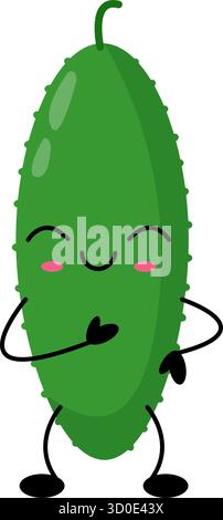 Süße, fröhliche grüne Gurke mit rötlichen Wangen und einem Lächeln. Vektor Kawaii-Stil Illustration perfekt für gesunde Lebensmittel Designs, Aufkleber und Vegetarier Stock Vektor