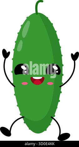 Grüne, fröhliche Gurke mit großen Augen und Lächeln, isoliert auf weiß. Verspieltes gesundes Gemüsemaskottchen für Diät, vegane Menüs, Bauernmärkte, Aufkleber und Stock Vektor