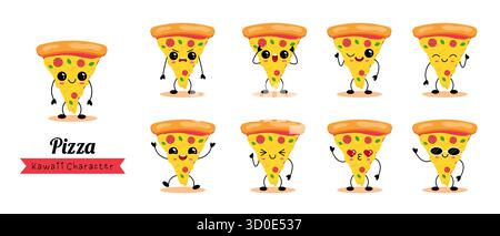 Ein Bündel entzückender Pizzascheiben-Posen und Ausdrucksformen. Perfekt für Speisekarten, Liefermarken, Aktivitäten für Kinder, Aufkleber, Verpackungen und Social Posts. Stock Vektor