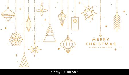 Weihnachtsgrußkarte, goldene Dekoration, hängende Kugeln Stock Vektor