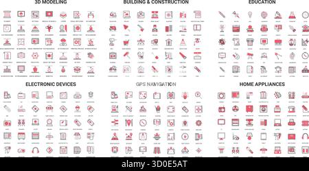 Umfassende Sammlung moderner Liniensymbole für 3D-Modellierung, Konstruktion, Bildung, Elektronik, GPS, und Haushaltsgeräte isoliert auf weißem Hintergrund Vektor-Illustration Stock Vektor