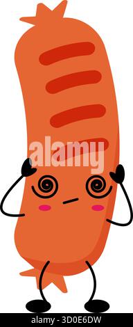 Kawaii Wurstfigur hat einen fröhlichen Ausdruck mit Spiralaugen und kleinen Armen, in einem verspielten Stil, perfekt für Kinder illustriert Stock Vektor