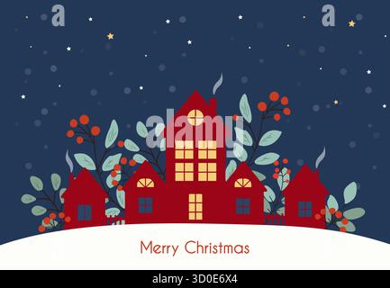 Eine Winternächtelandschaft. Ein niedliches Zeichentrickdorf für eine Weihnachts- oder Neujahrsgrußkarte oder ein Banner. Rote Häuser im Schnee. Stock Vektor