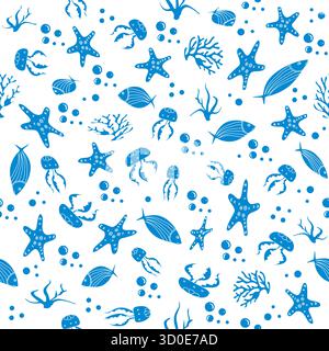 Meeresmuster mit Seesternen, Fischen, Quallen und Korallen in Blau auf weißem Hintergrund Vektor Stock Vektor