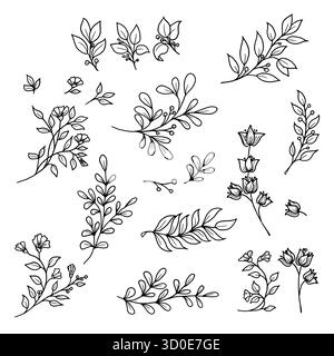 Zweige mit Blumen und Blättern, schwarz-weiße Skizze. Vektorabbildung. Set von Frühlingswildblumen, einfaches Muster, isoliert auf weißem Hintergrund. F Stock Vektor
