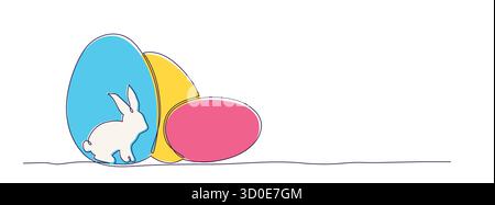 Hase und bunte Ostereier, Line Art Illustration Stock Vektor