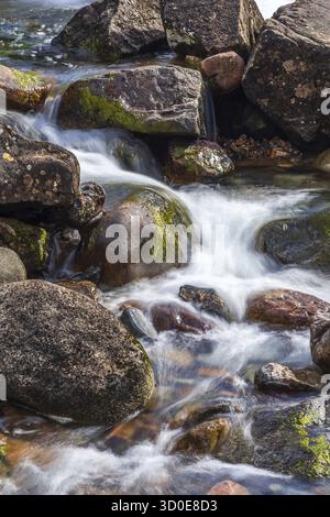 Der Fluss Coe entspringt am nordöstlichen Fuß des Buachaille Etive Beag in Schottland und fließt entlang des Glen Coe nach Westen. Nach dramatischen Wasserfällen am Pas Stockfoto