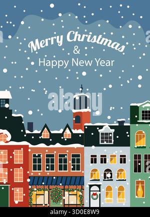 Wunderschöne Weihnachtsillustration mit festlichen Häusern, Schnee und Lichtern. Warme Winteratmosphäre im modernen Vektorstil, ideal für Weihnachtskarten, S. Stock Vektor