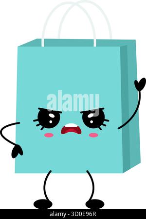 Niedliche glückliche Einkaufstasche mit lächelndem Gesicht im Kawaii-Cartoon-Stil. Symbol für Einzelhandel, Verkauf und Shopping-Spaß. Ideal für E-Commerce, Branding und Illus Stock Vektor