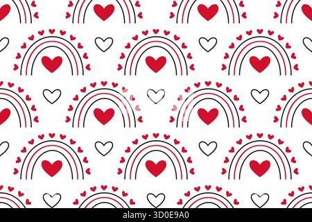 Nahtloses Muster mit roten Herzen und minimalistischen Regenbögen auf weißem Hintergrund. Flache Vektorkonstruktion. Perfekt für Valentinskarten, Geschenkpapier, Textilien und romantisches Dekor. Vektorabbildung Stock Vektor