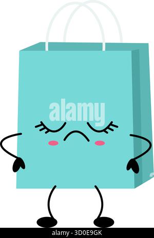 Mint-Einkaufstasche mit geschlossenen Augen und Stirnrunzeln, isoliert auf weiß. Retail Mascot für Verkaufsfeedback, Retouren, Kundendienstbeiträge und E-Commerce-Design Stock Vektor