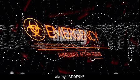 Anzeige des leuchtenden Symbols für biologische Gefahrenstoffe und SOFORTIGE NOTFALLMASSNAHMEN auf dem Digitaldisplay Stockfoto