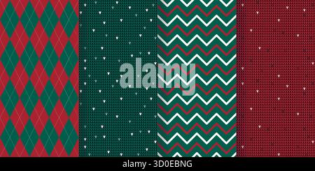Set mit nahtlosen Weihnachtsmustern in klassischem Rot und Grün. Hintergründe mit Diamanten, Zickzack, imitierten Strickpullover. Festlich gemütlich, stimmungsvoll Stock Vektor