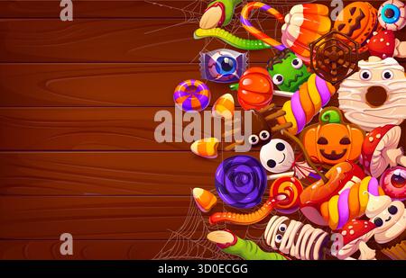 Halloween Trick or Treat Vektorbonbons und Süßigkeiten auf hölzernem Hintergrund. Lila Lutscher, Karamell-Apfel, Meringue, gruselige Augapfelbonbons, Schokoladen-spi Stock Vektor